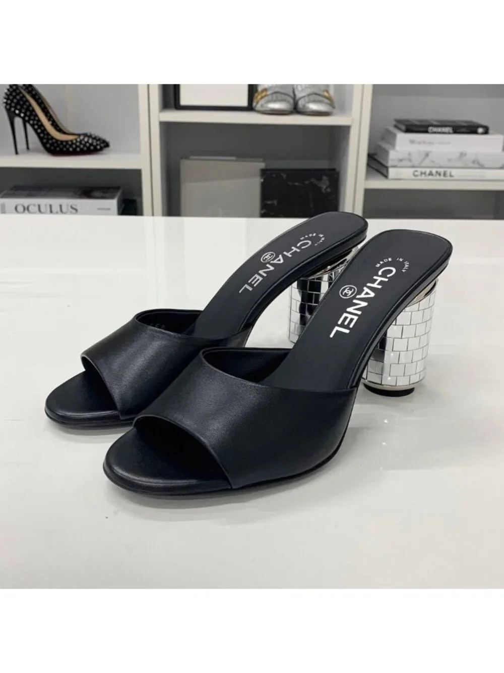 Chanel CC Logo Leather Mirror Heel Sandals Black